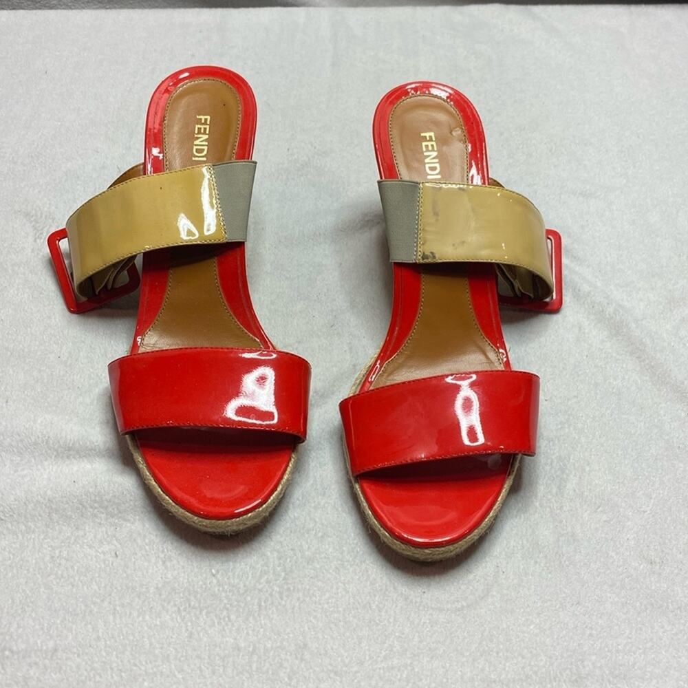 Fendi Red and Tan Patent Leather Strappy wedged sandals size 40 1/2